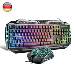 Gaming-Tastatur,Qwertz keyboard GK806 Rainbow LED-Hintergrundbeleuchtete Kabel-Tastatur 7 Tastenoptische Maus USB-Gaming…